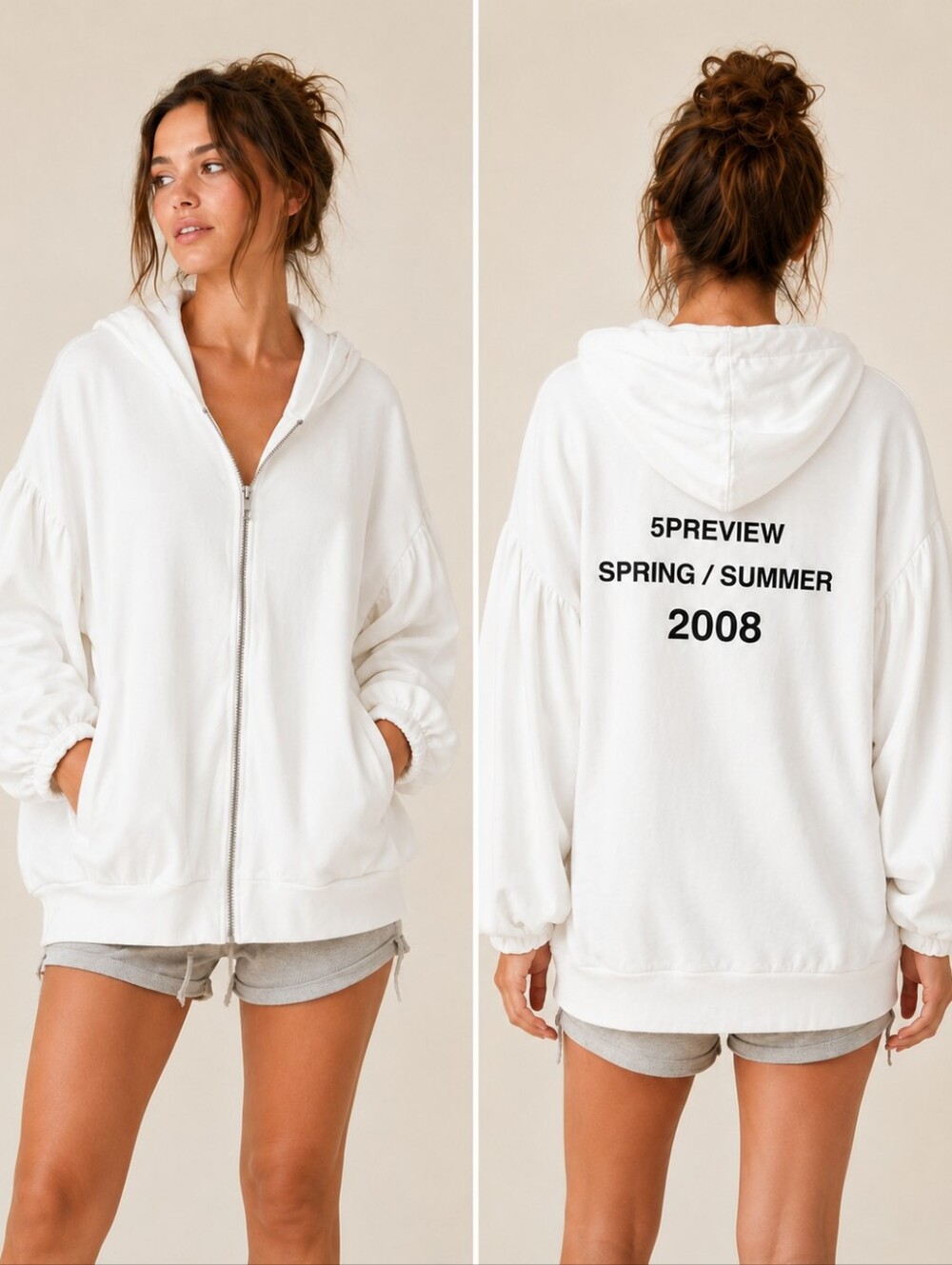 5PREVIEW White Zip Up Hoodie Womens Small Oversized Spring Summer 2008 Y2K